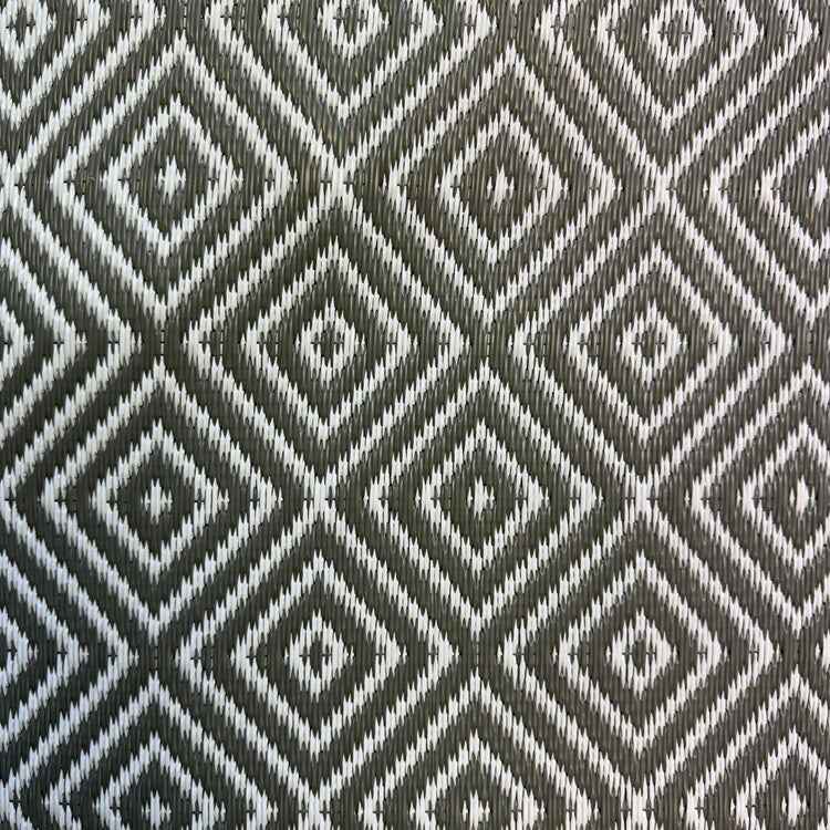 Dark grey and white diamond-pattern polypropylene flooring shown in close-up outdoor view