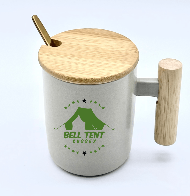 Ceramic Mug With Luxury Bamboo Handle & Lid - Bell Tent Sussex