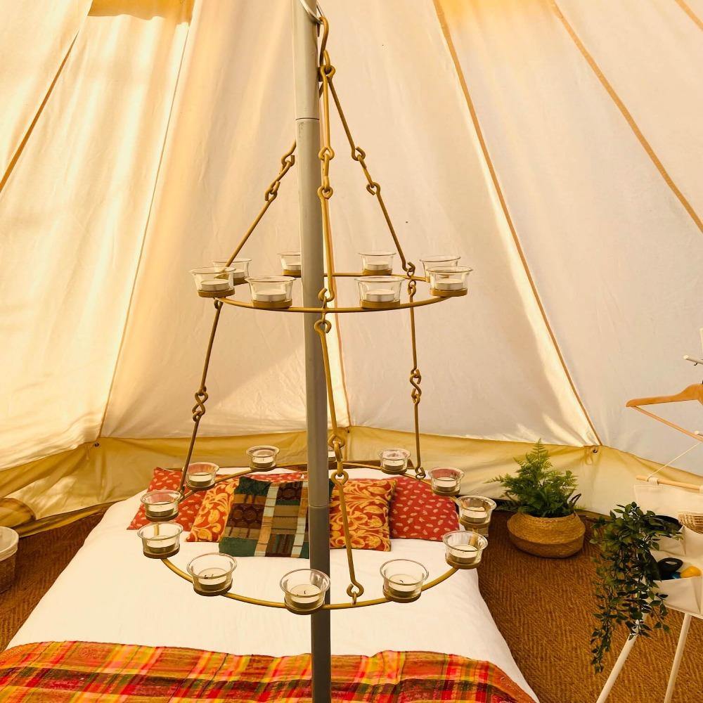 Tea Light Candle Chandelier Double Tier - Gold - Bell Tent Sussex