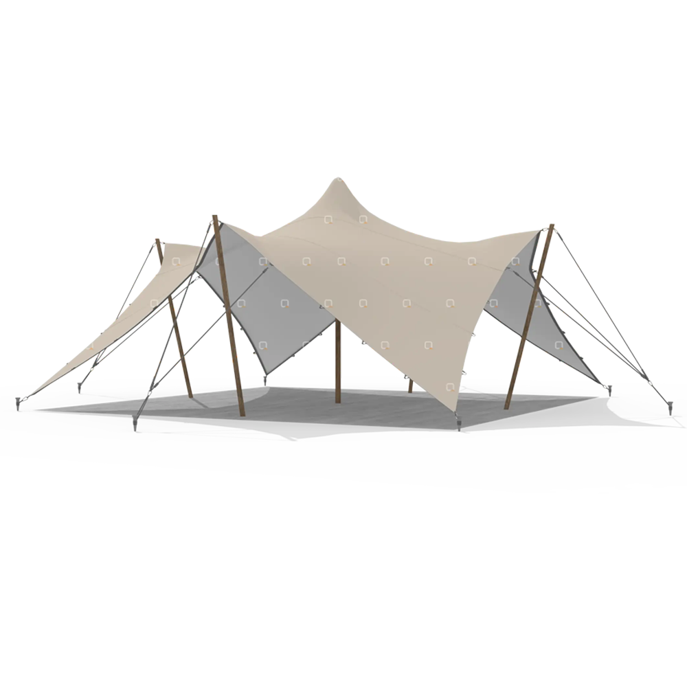 White stretch tent shown fully assembled with poles and tension lines