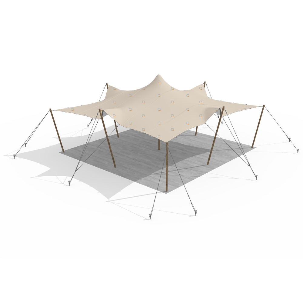 3D render of a 7.5m x 7.5m stretch tent in sand colour with wooden poles and guy ropes