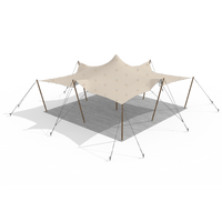 3D render of a 7.5m x 7.5m stretch tent in sand colour with wooden poles and guy ropes