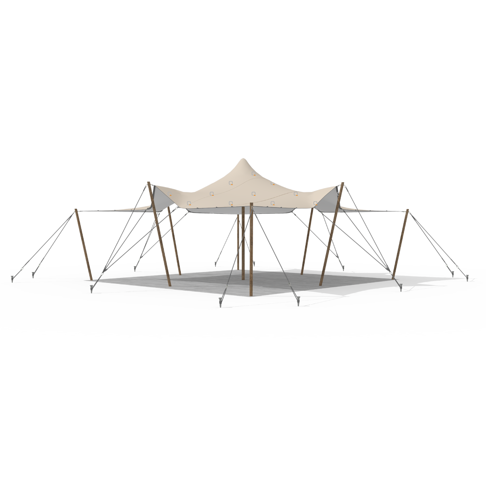Wide angle render of a white stretch tent showing extended canopy and support poles