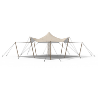 Wide angle render of a white stretch tent showing extended canopy and support poles