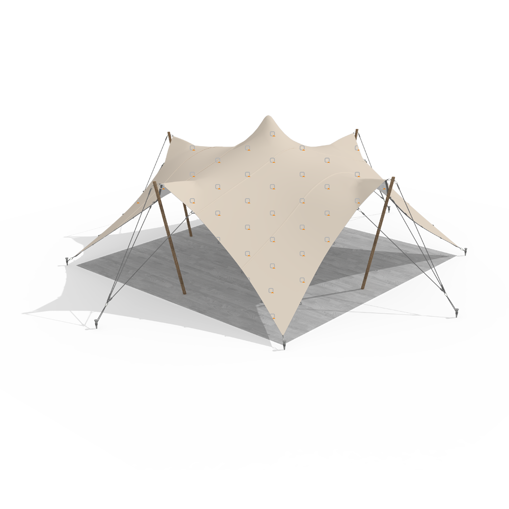 Small 3D render of a stretch tent showing canopy shape, poles, and rigging
