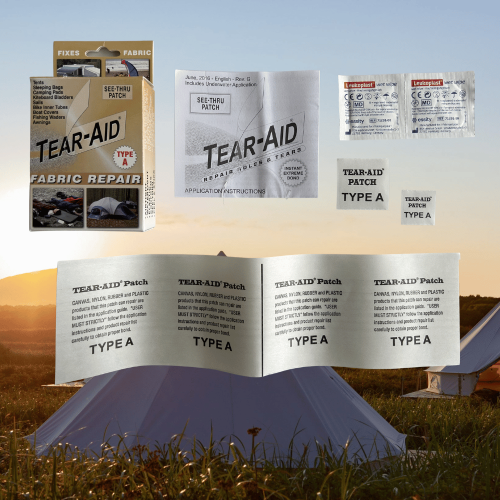 Tear-Aid Canvas Repair Patch from Bell Tent Sussex, showing a clear flexible patch applied to canvas for quick tear repair.