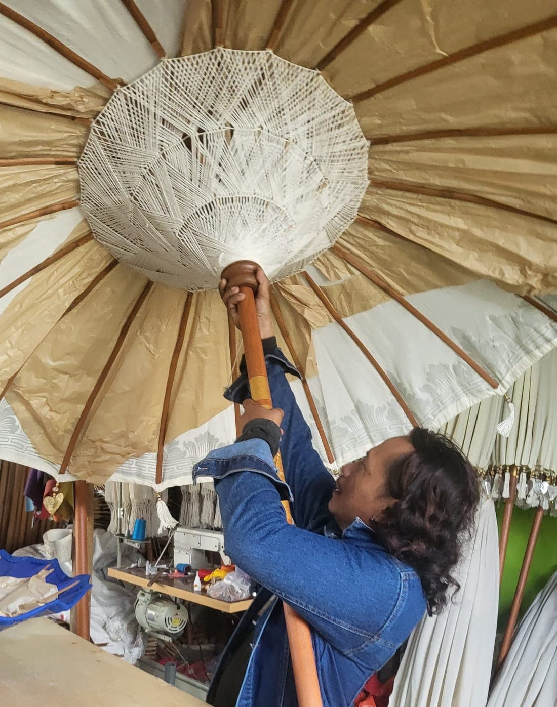 Parasol Patio Bali - Canfas - Addurn Naturiol ac Oren - 2m - [Pebyll Cloch]