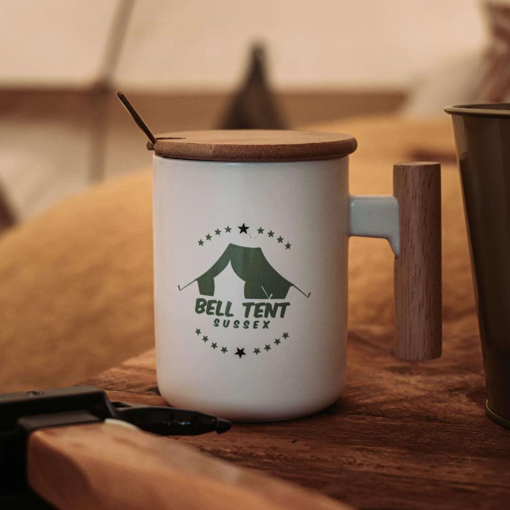 Ceramic Mug With Luxury Bamboo Handle &amp; Lid - Bell Tent Sussex