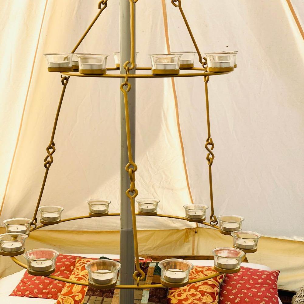 Tea Light Candle Chandelier Double Tier - Gold - Bell Tent Sussex